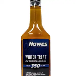 A 15-ounce bottle of Howes Winter Treat cold-flow improver and anti-gel, labeled to treat 350 gallons of fuel, with safety warnings and a blue label featuring white text.
