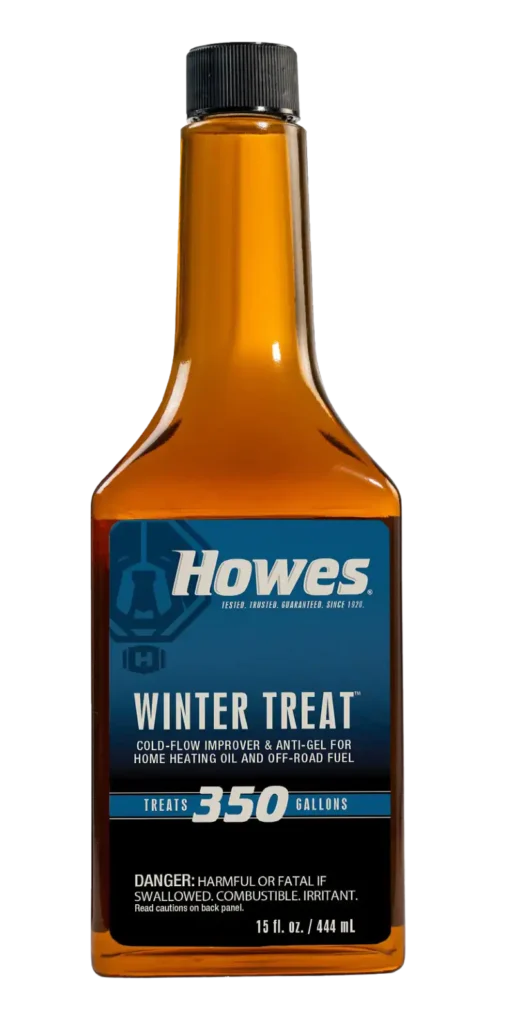 A brown plastic bottle labeled "Howes Winter Treat" cold-flow improver and anti-gel for home heating oil and off-road fuel, treating up to 350 gallons. The bottle holds 15 fl. oz. (444 mL).